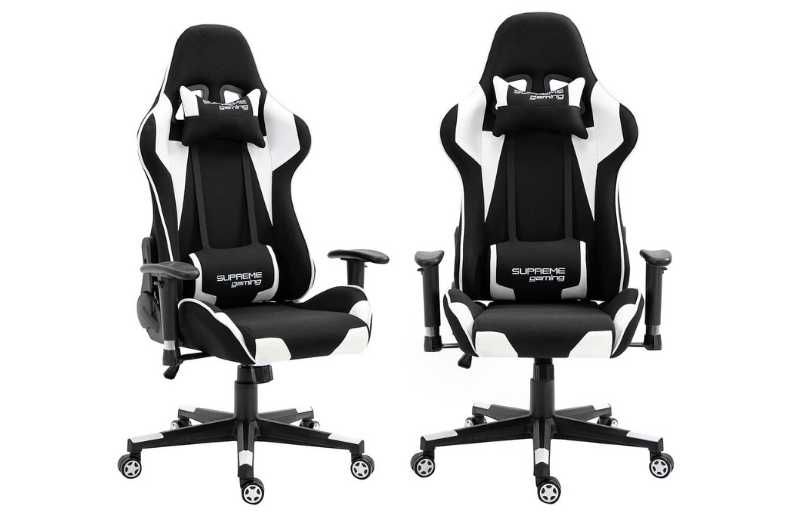 Fotel Gamingowy z Tkaniny, biało/czarny, regulacja podłokietników