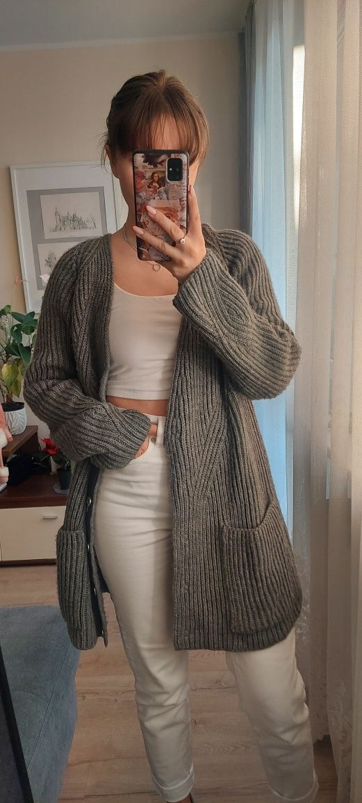 Ciemnoszary długi sweter oversize zapinany kardigan splot Zara Knit M
