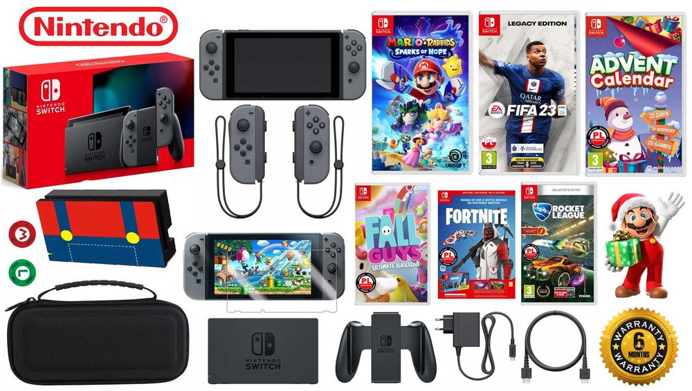 Nintendo SWITCH 32GB V2 Grey + 6 gier + etui + szkło + GW6M Mario FIFA