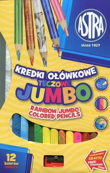 Kredki ołówkowe tęczowe Jumbo, 12 kolorów + temperówka. Astra