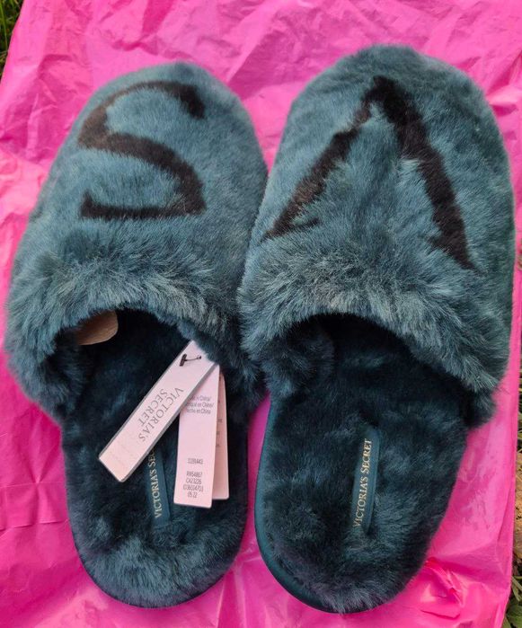 Victoria's secret тапочки капці оригінал зелені м 37 38 пухнасті