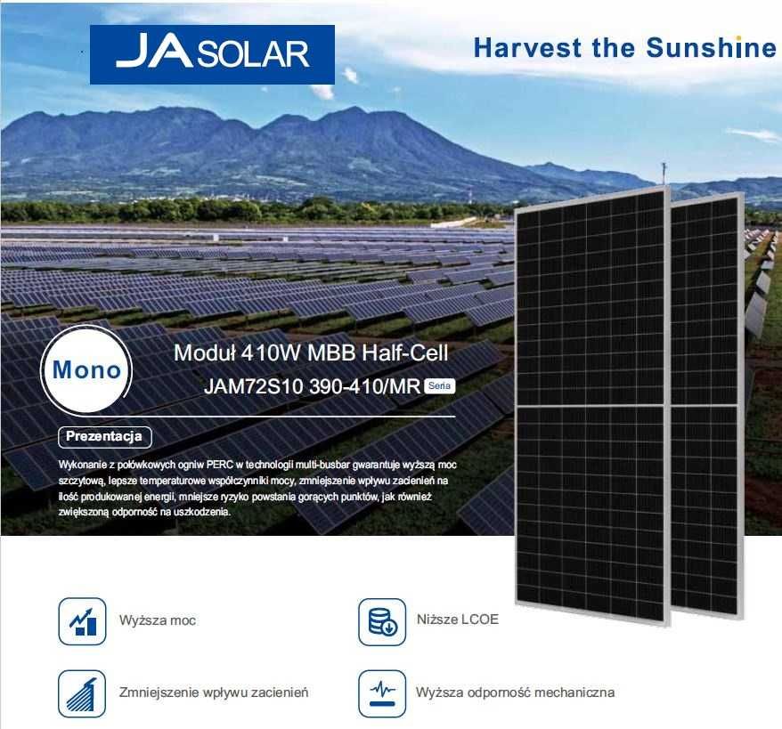Panel fotowoltaiczny 410W JA Solar JAM72S10-410/MR Srebrna rama nowe