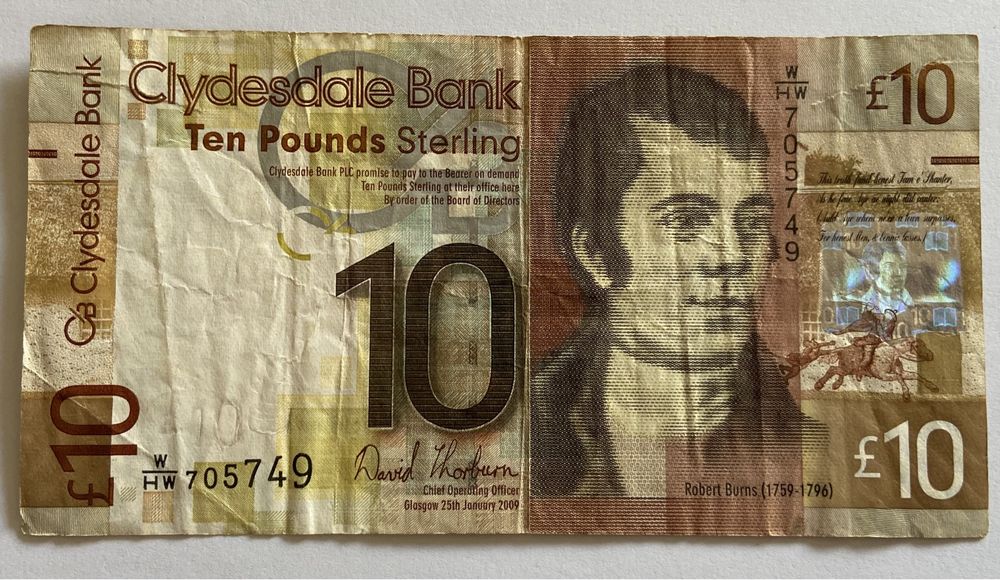 Papierowy pieniądz 10 funtow Sterling Szkockich Clydesdale Bank 2009