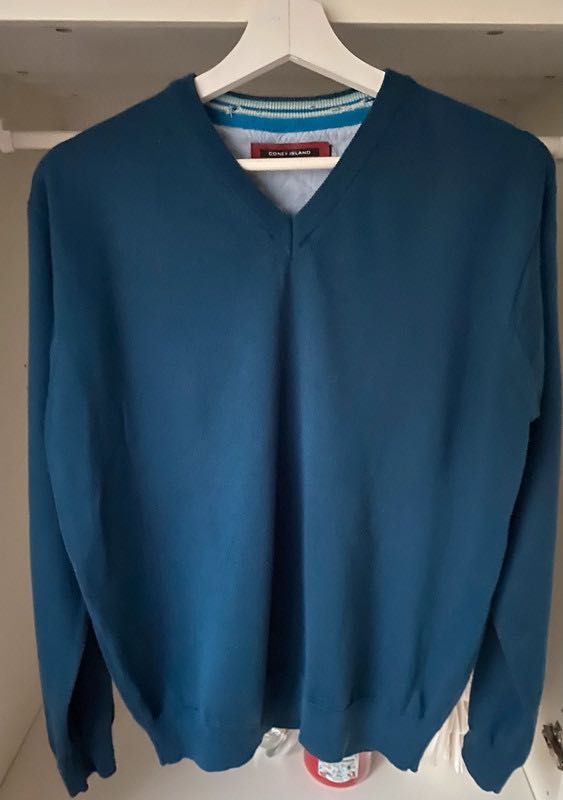 Coney Island sweter męski turkusowy zimowy Merino niebieski wool wełna