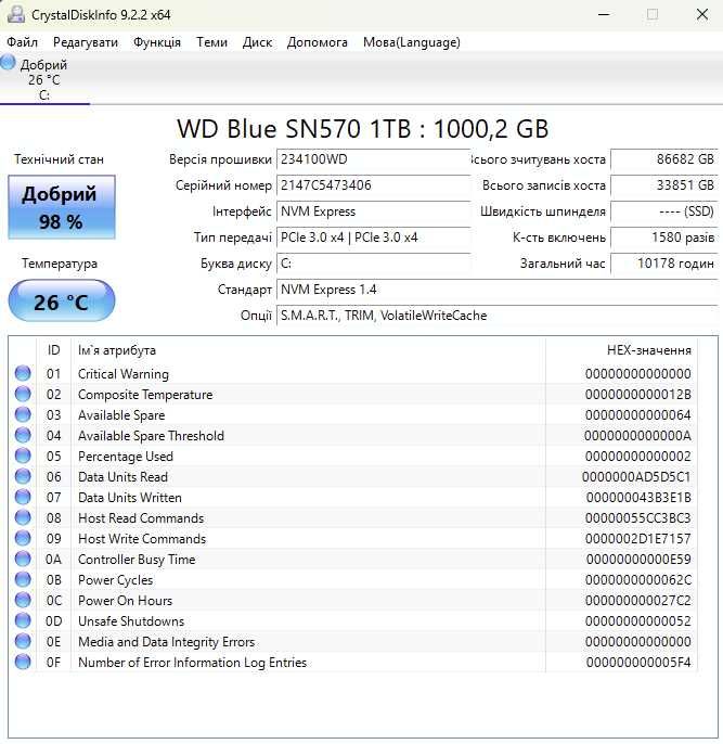 M.2 SSD диск 1TB WD Blue SN570 (3500MBs\PCI-e 3.0 x4\NVMe\M2 2280)