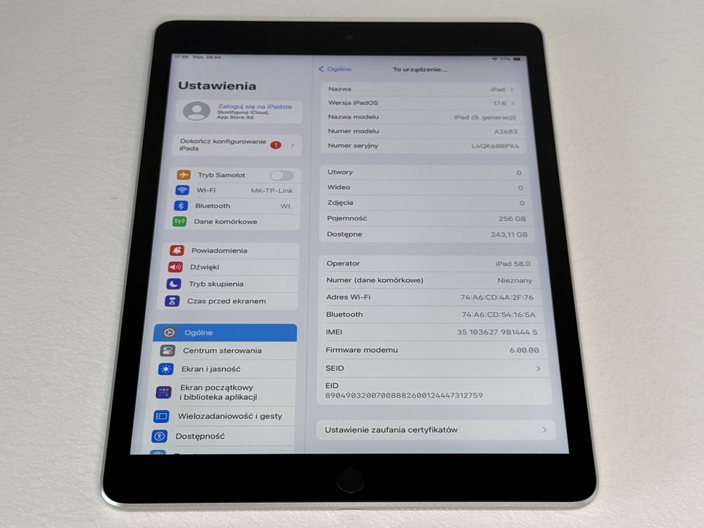 iPad 9. gen. (A2603) - 256GB - Cellular (LTE) - faktura VAT 23%