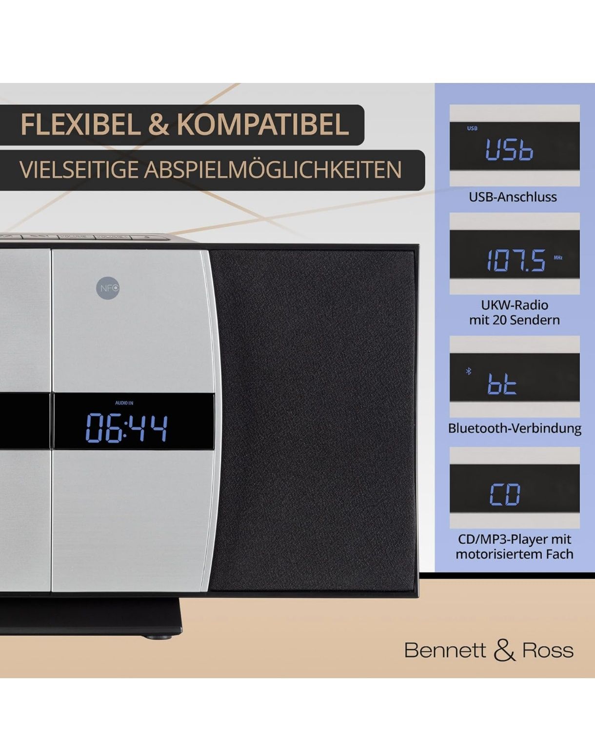 Wieża stereo boombox radioodtwarzacz Bennett&Ross AV-5 bluetooth