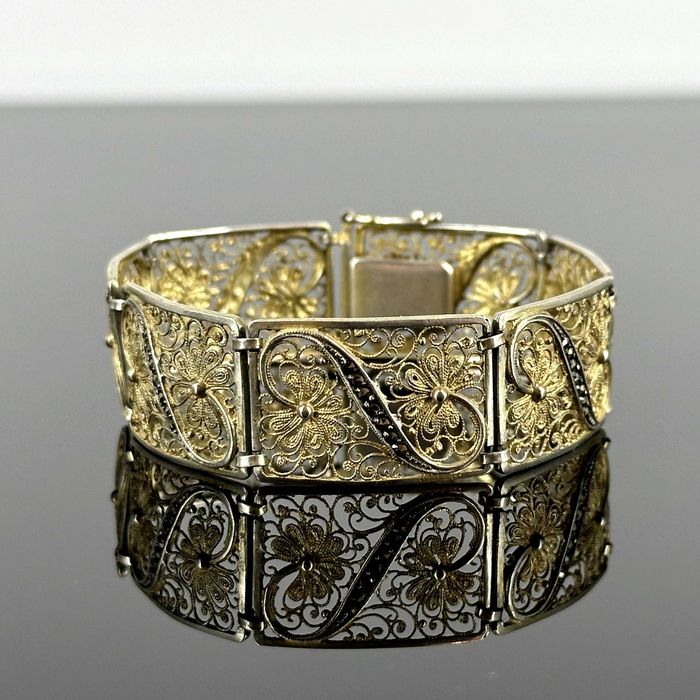 Srebro - Srebrna bransoletka pozłacana z Markazytami