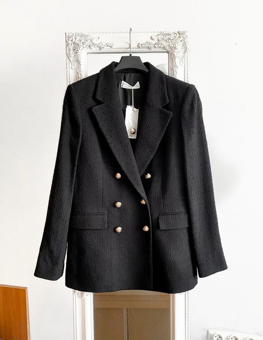 tweedowa dwurzędowa marynarka Mango nowa z metkami czerń złote guziki