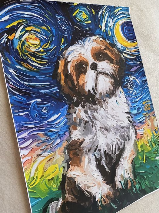 Gobelin na płótnie HD/Obrazek/Van Gogh/Starry At Night/Dog/Shih Tzu