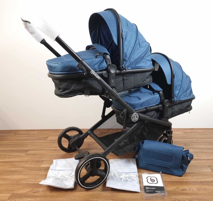 NOWY Wózek podwójny bliźniaczy BabyGO Twiner 2w1 niebieski rok po roku