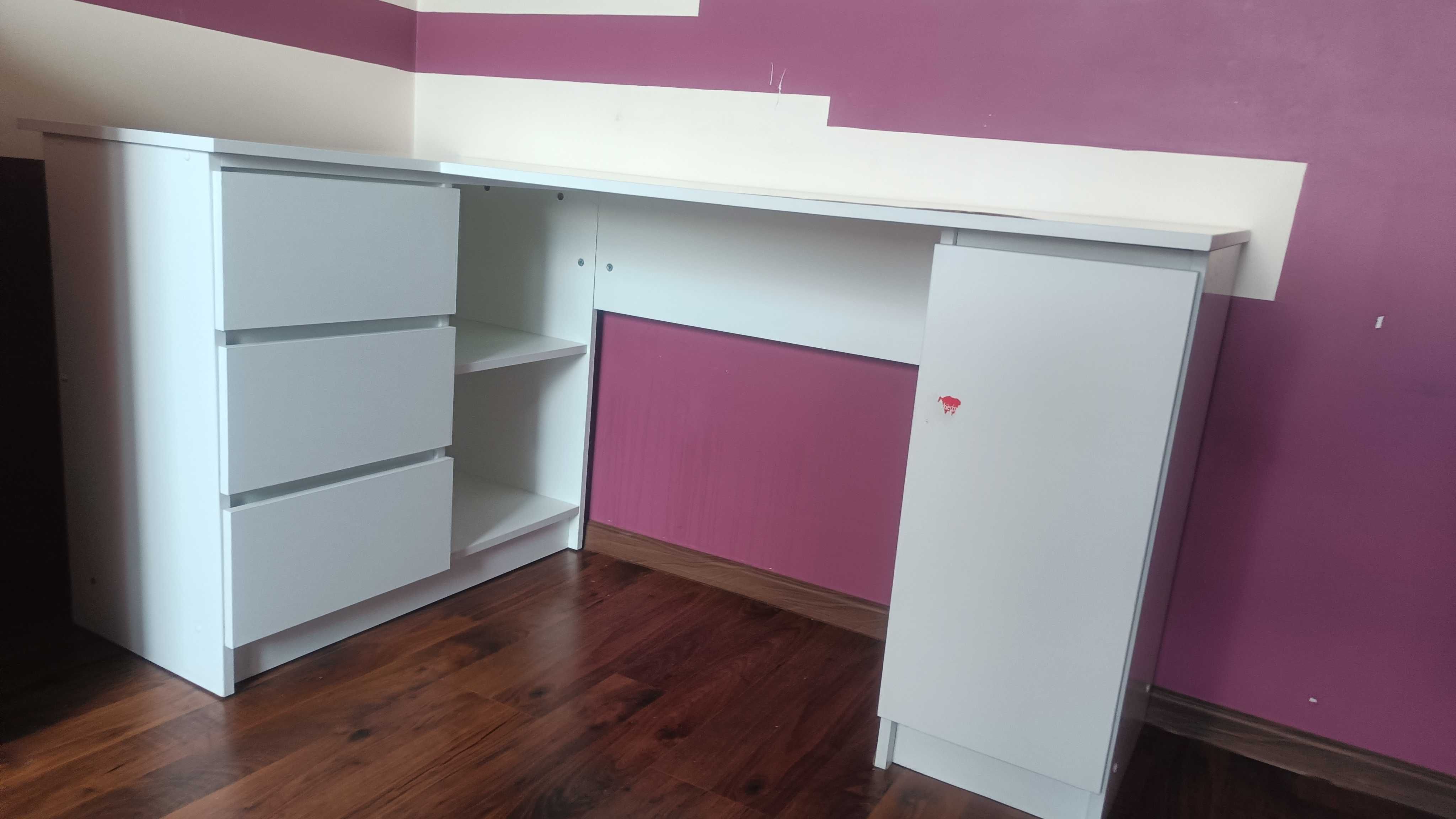 Białe biurko narożne 155cm lewostronne 3 szuflady 4 półki 1 drzwi