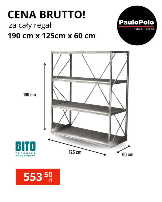 Regał magazynowy BITO 190cm x 125cm 60 cm gł. 553,50 zł brutto-komplet