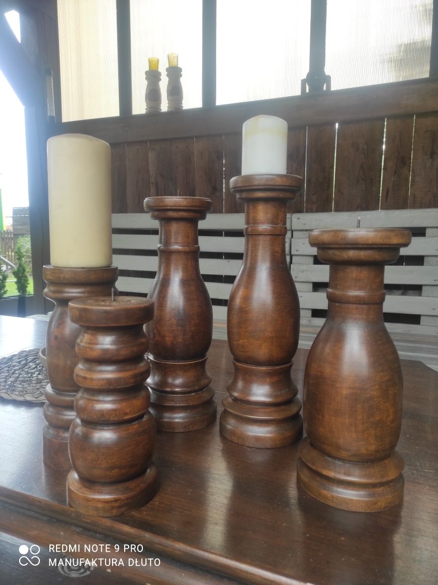 Świeczniki drewniane toczone ręcznie rustykalne vintage rękodzieło