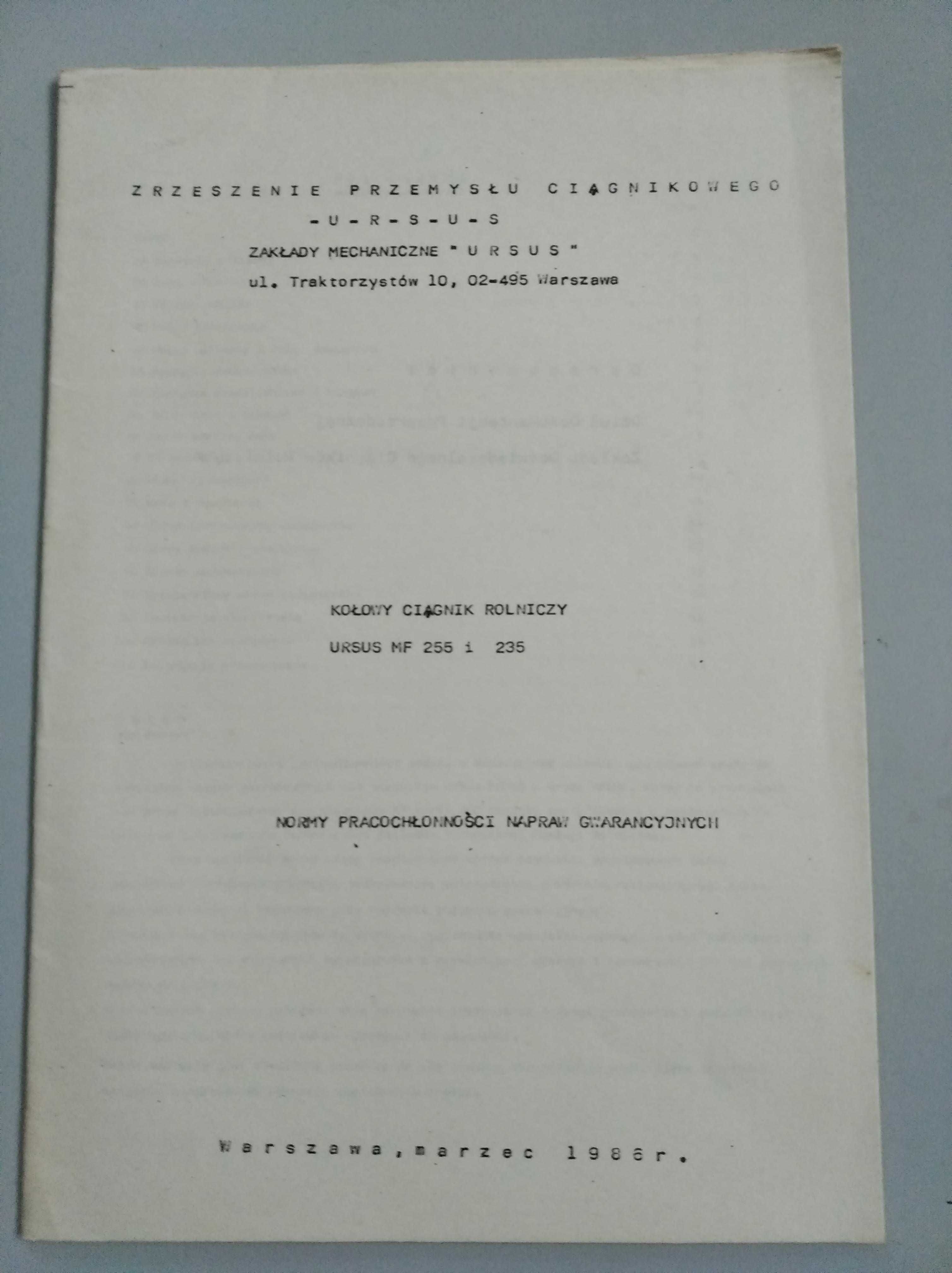 Katalog MF 235, MF 255 normy pracochłonności napraw gwarancyjnych