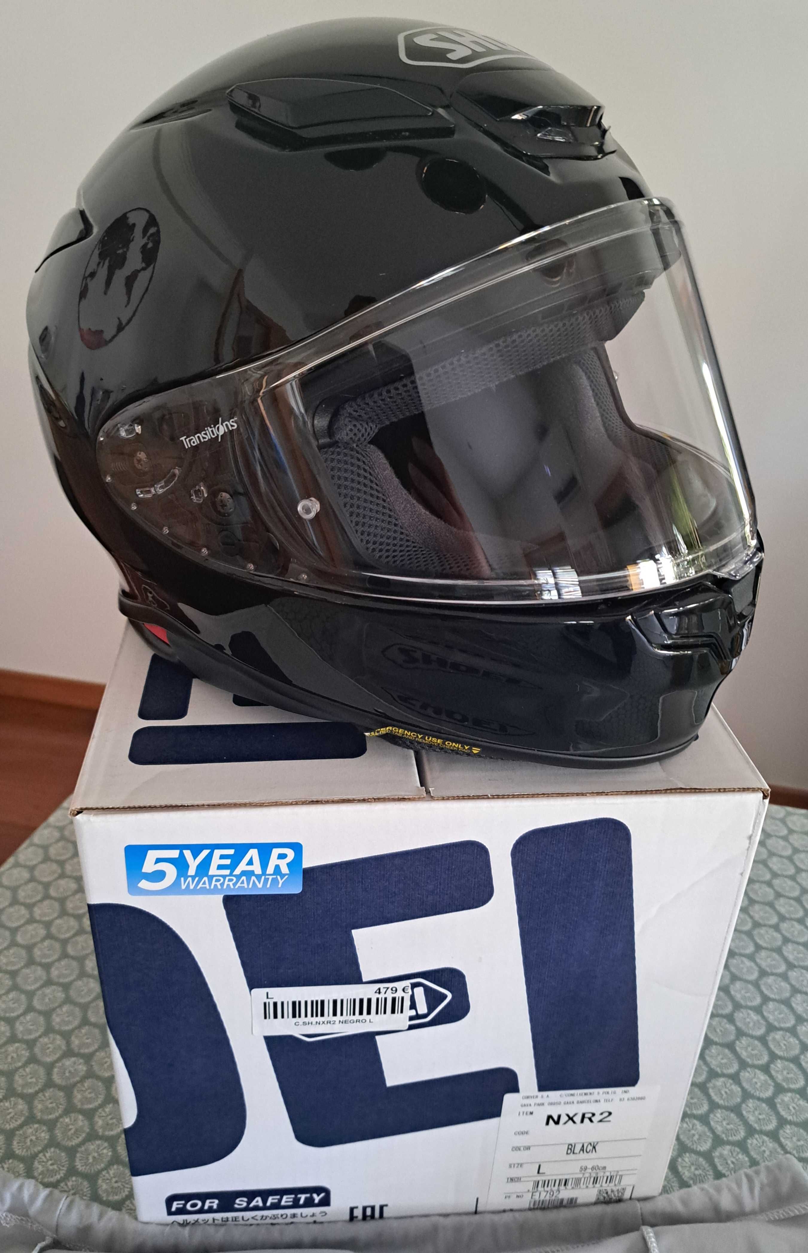 Capacete Shoei nxr2 preto + viseira photochromic + Intercom Cardo