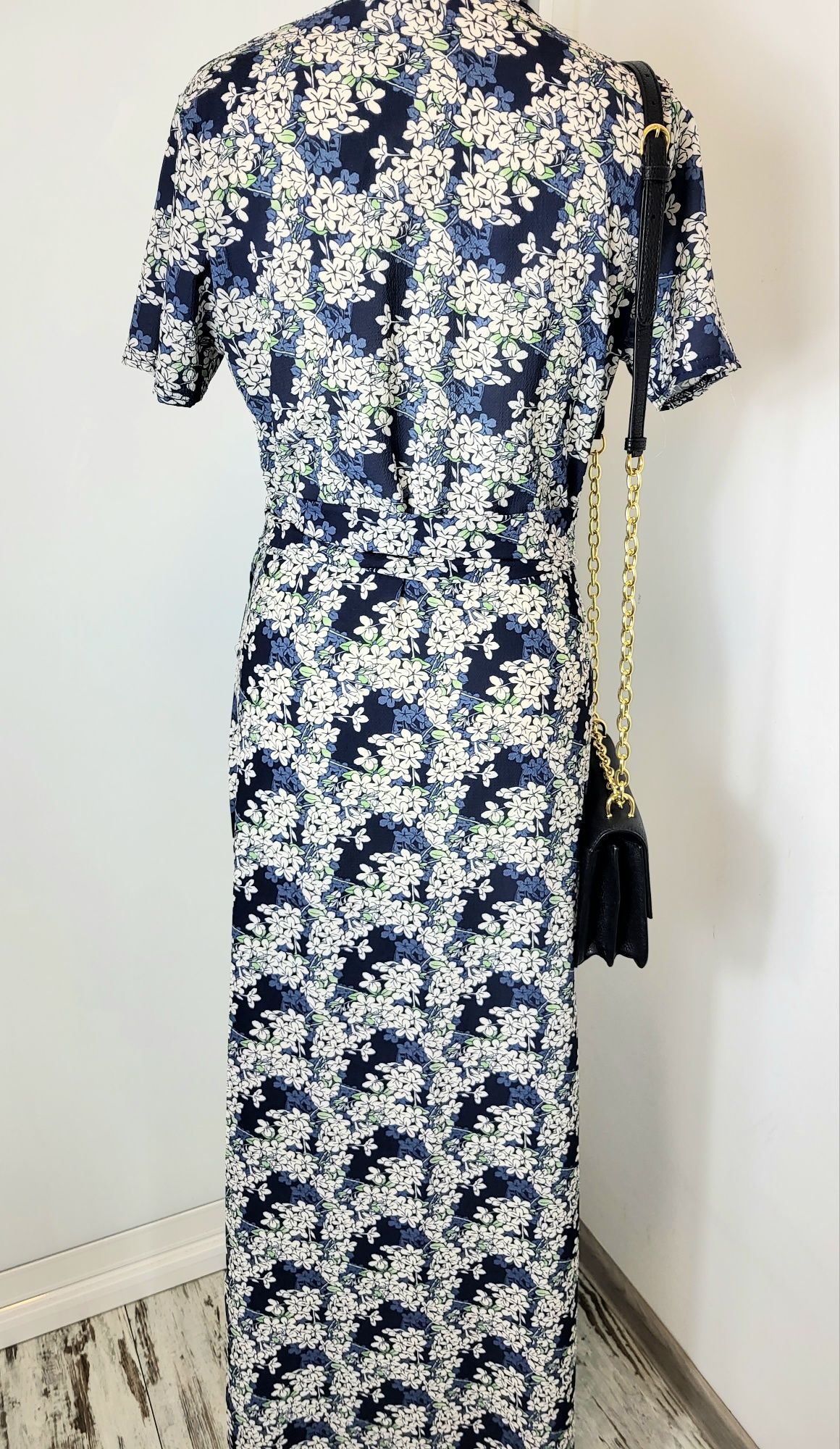 Sukienka maxi kopertowa z paskiem w kwiaty boho vintage XL 42 na wiosn