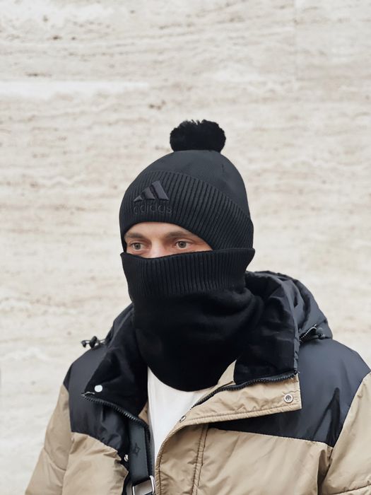Мужская ШАПКА+БАФ ADIDAS з помпоном на флисе Зимний комплект утепленны