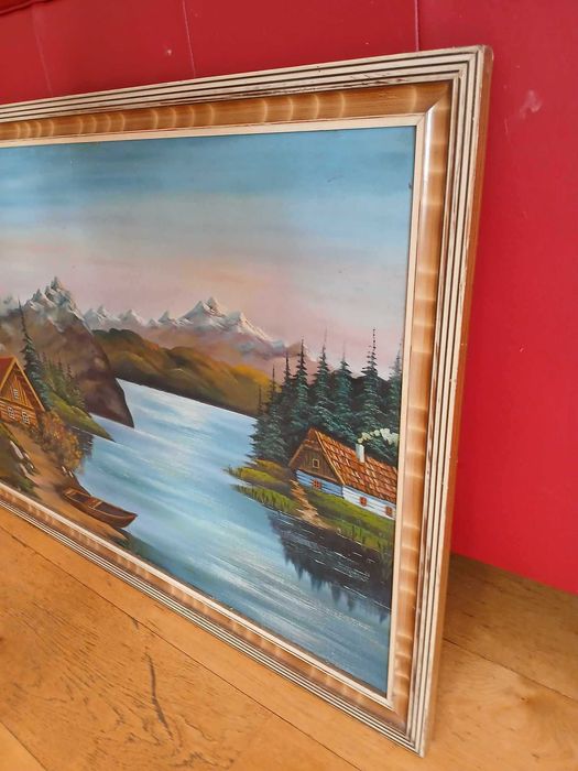 Obraz malowany ręcznie na płótnie Drewniane Chaty nad Zalewem w Górach