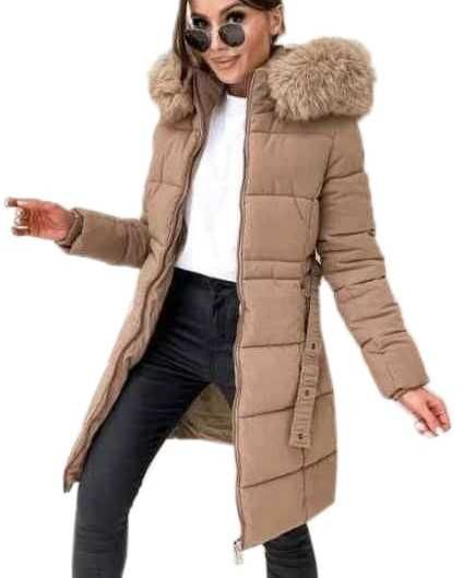 Pikowany puchowy zimowy płaszcz kurtka CAMEL jenot pasek futro S