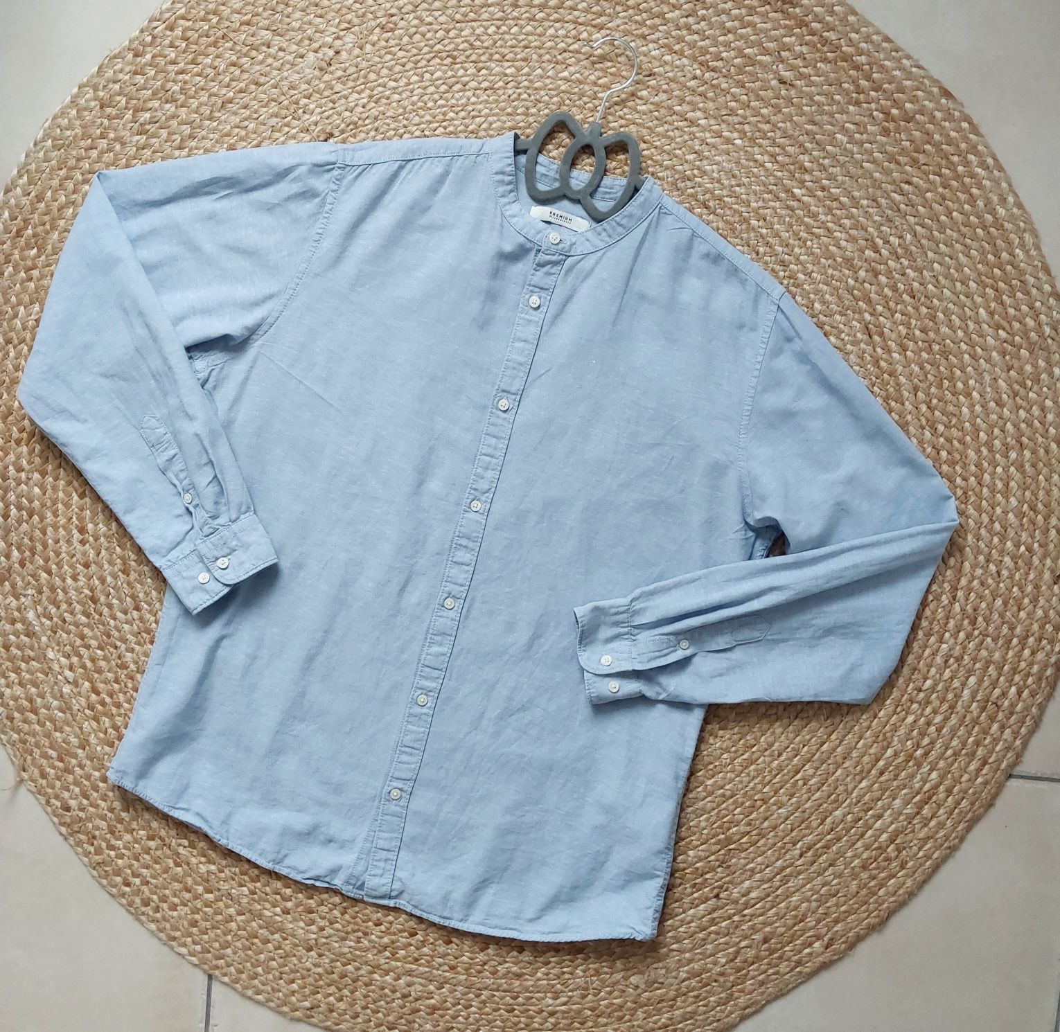 Koszula ze stójką Jack & Jones błękitna Koszula z lnem I bawełna