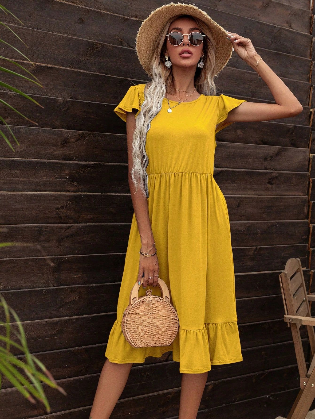 Sukienka Letnia Midi Marszczona Żółta Casual Dearcase L 40