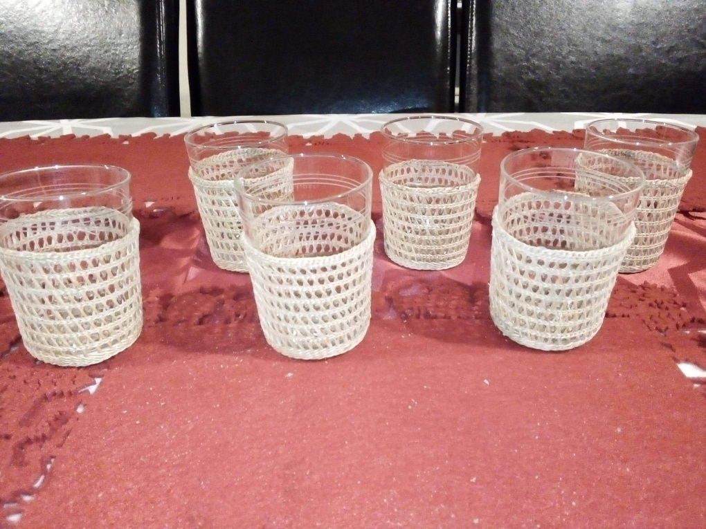 Stare szklanki plecione koszyczki boho Jena Glas Schott retro vintage