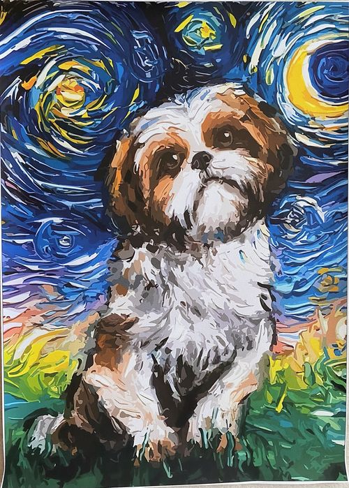 Gobelin na płótnie HD/Obrazek/Van Gogh/Starry At Night/Dog/Shih Tzu