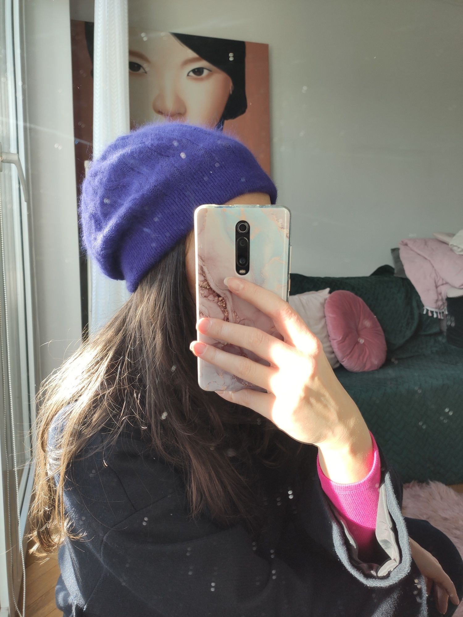 NOWY fioletowy beret czapka beanie 80% angora