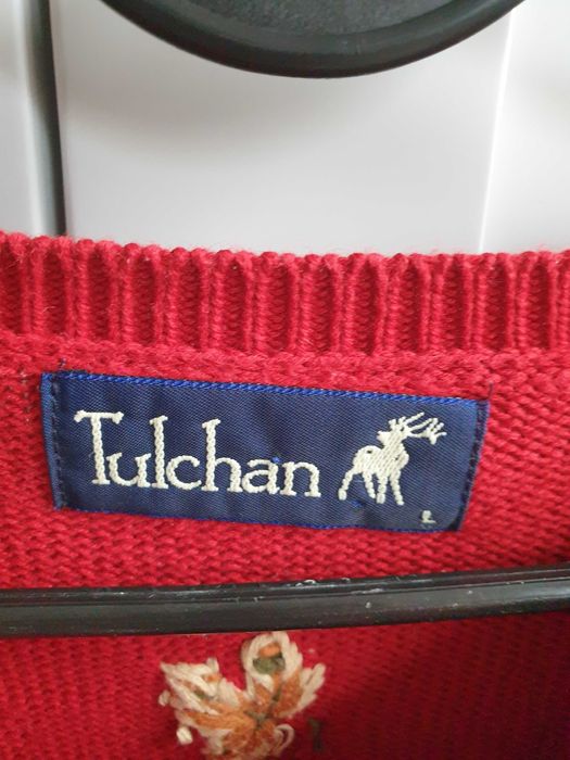 Czerwony sweter retro haftowany w liście Tulchan vintage L 40