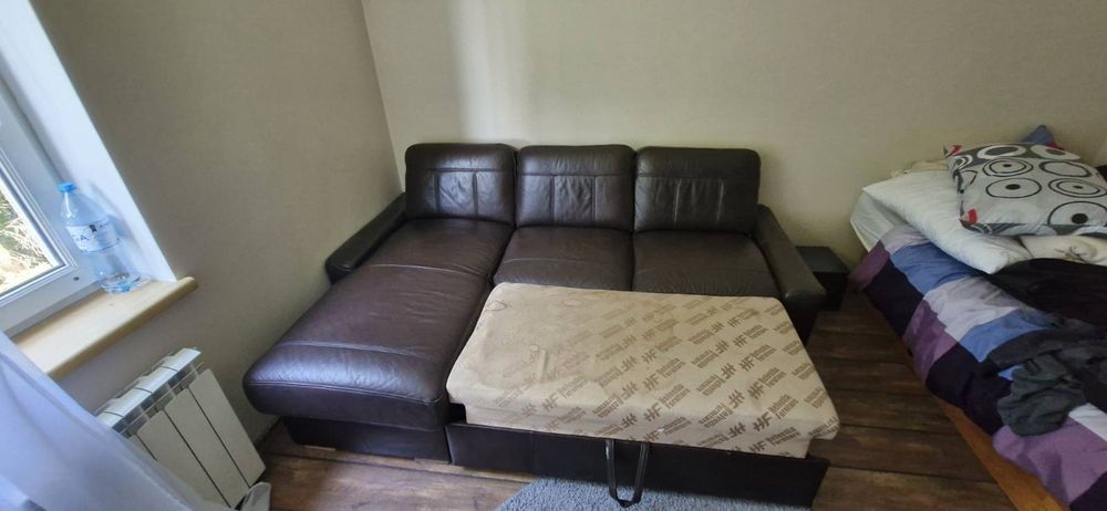 Sofa/kanapa, rozkładana, skórzana, brązowa, narożnik (pojemnik na pośc