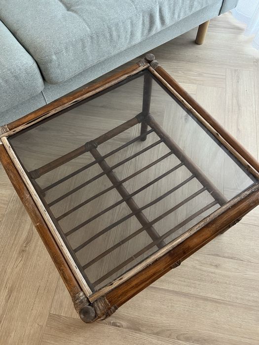 Rattanowy stolik z szybką vintage retro cottage