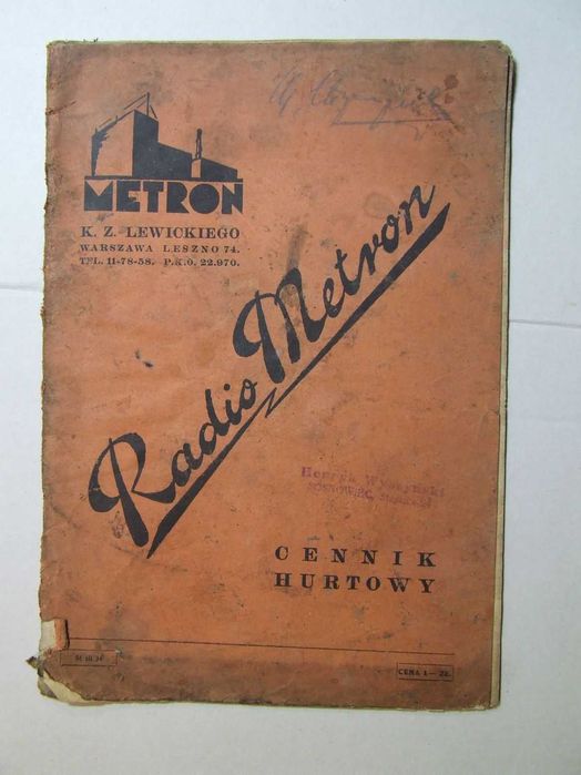 Radio METRON Warszawa cennik częsci przedwojenny stara reklama