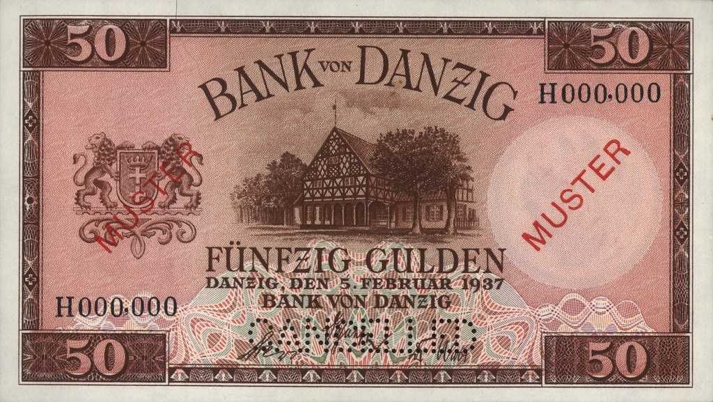 WOLNE MIASTO GDAŃSK 50 gulden 1937 UNC MUSTER seria H 000,000 DANZIG