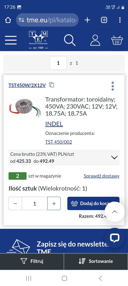 Transformator toroidalny Nowy INDEL TST 600/008 Nowy
