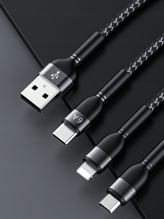 Mocny Szybki Kabel 3W1 Lightning Typ-C Micro Usb 6A 120Cm 66W Sznurek