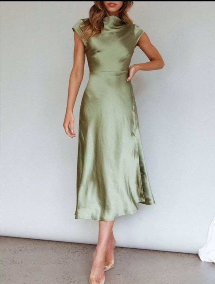 Elegancka sukienka khaki zielona wesele XS