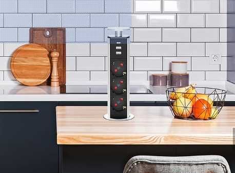 Tomada vertical retrátil com USB para bancada de cozinha ou secretária