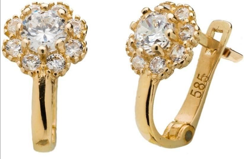 Серьга, сережка детская 585 проба золото и фианиты 9шт. Золотой век.