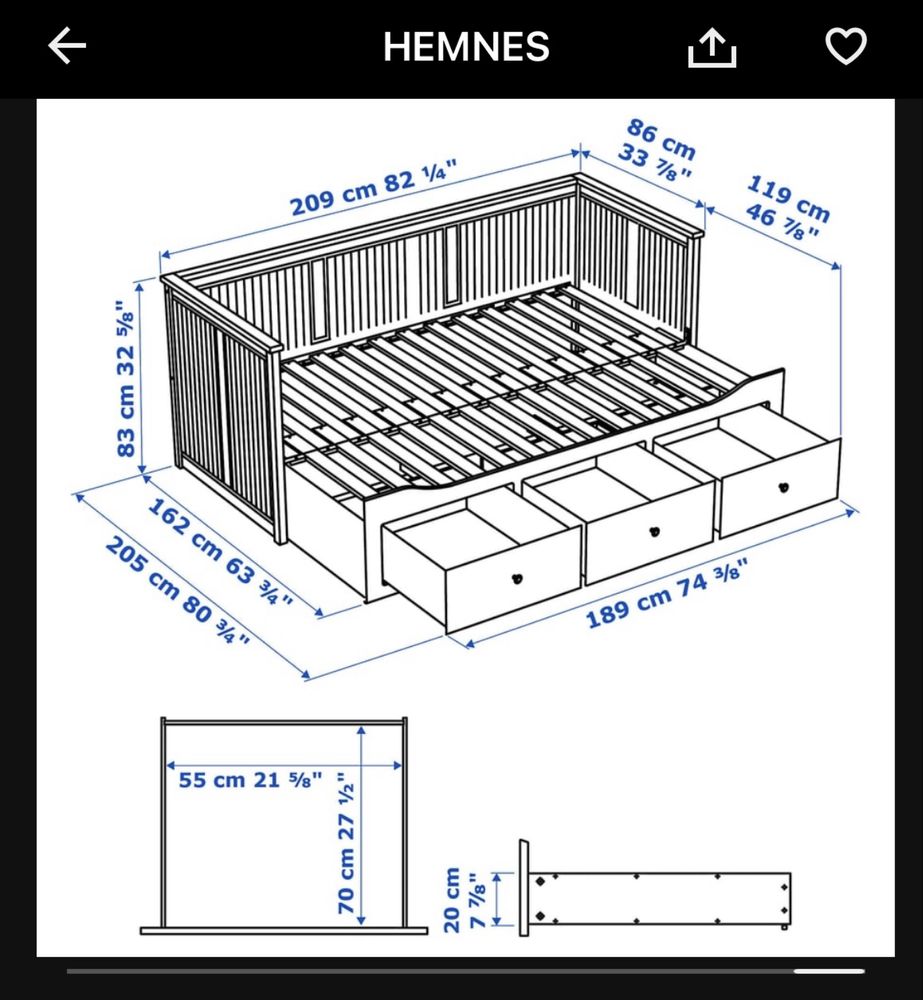 łóżko IKEA HEMNES z trzema pojemnymi szufladami – białe