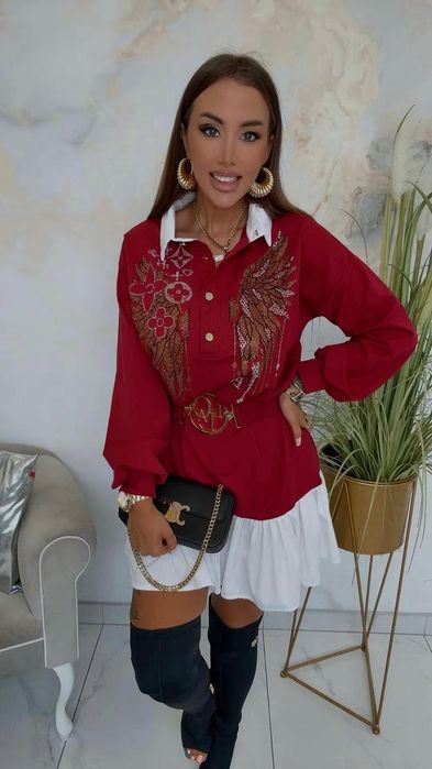 Piękna sukienka z cyrkoniami pasek trzy kolory Lola bianka