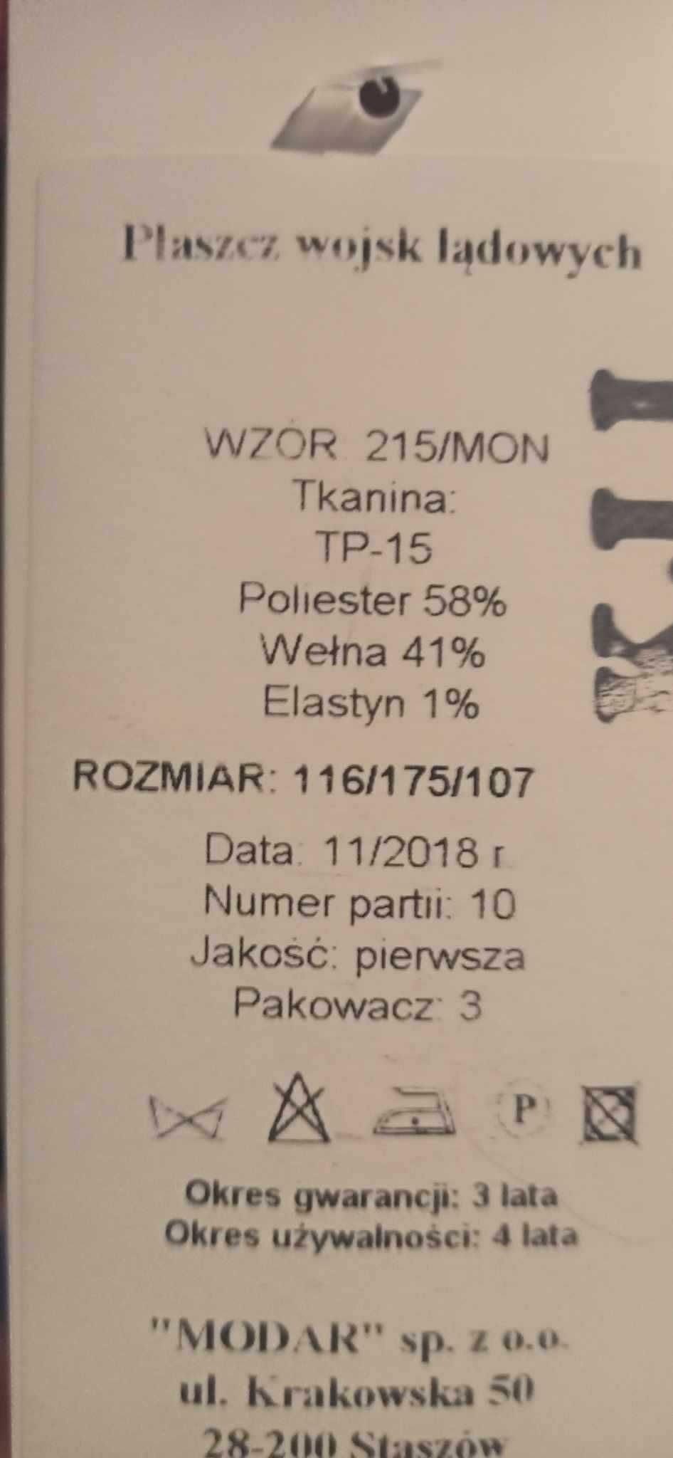 Płaszcz wojsk lądowych nowy wzór 215/MON rozmiar 116/175/107