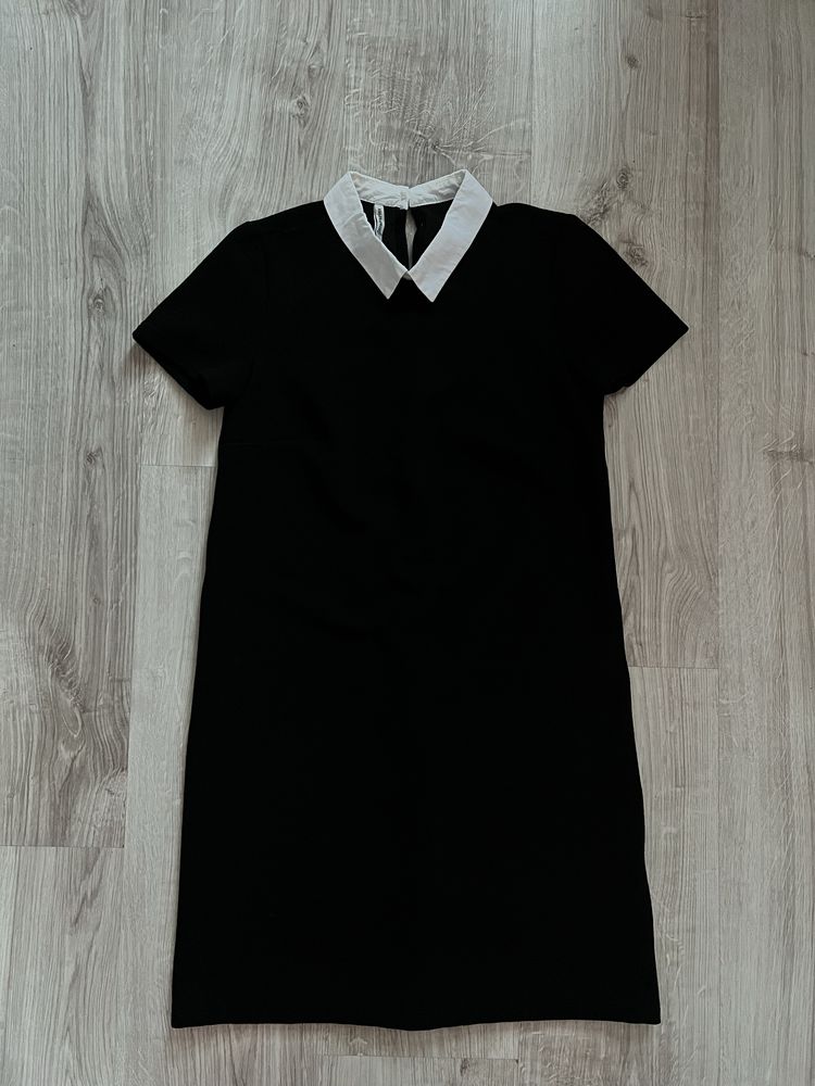 czarna sukienka o prostym kroju z białym kołnierzykiem stradivarius