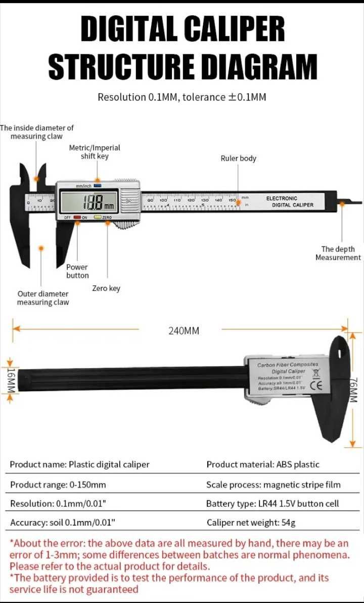 Штангенциркуль цифровий електронний (0-150 мм); 0.1 мм), пластик