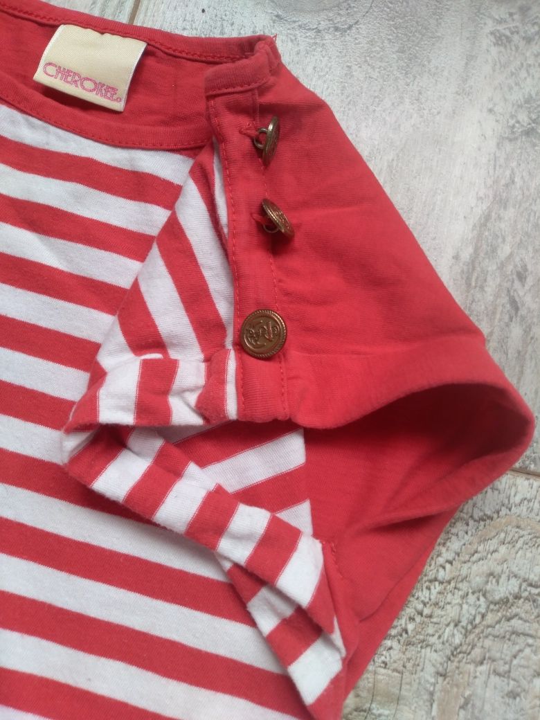 Czerwona dłuższa bluzka t-shirt w paski marynarskie guziki 128-134