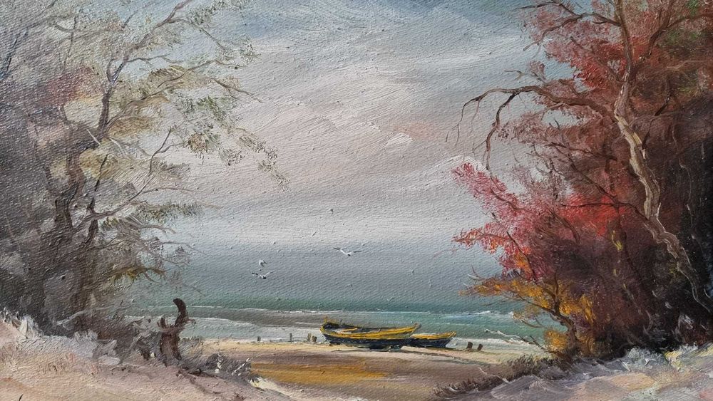 Pejzaż morski z łodzią, olej/płótno, Jerzy Haponiuk ur.1946 zm.2007