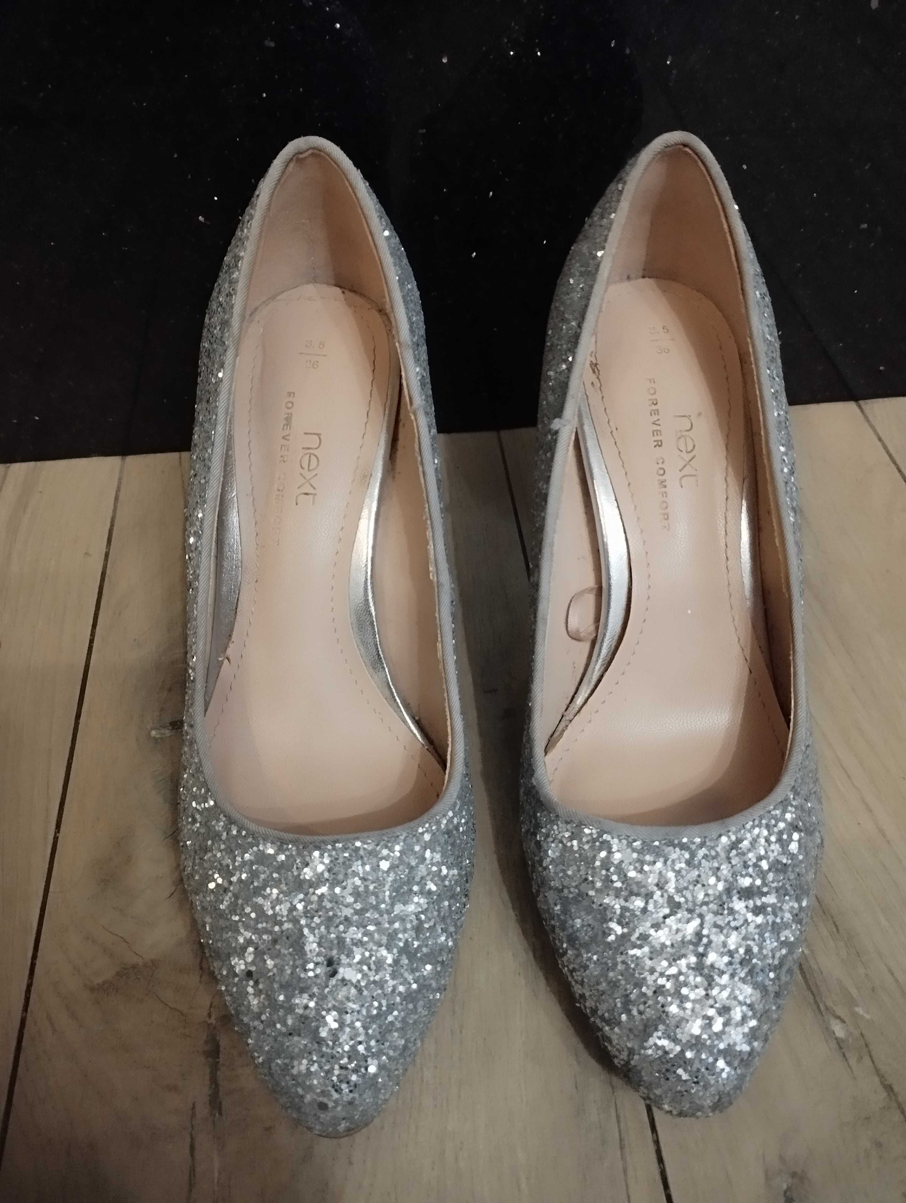 Buty szpilki next brokat srebrne r 36