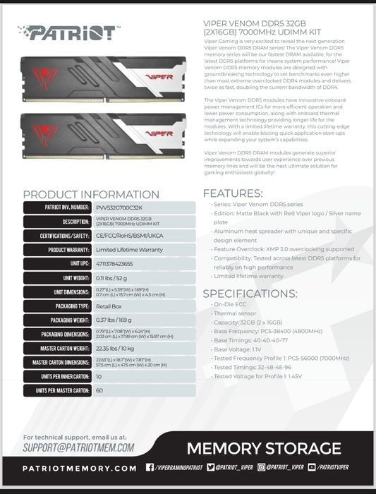 DDR5-7000MHz/32Gb/Оперативна пам'ять Venom kingston,good,gskil,corsair