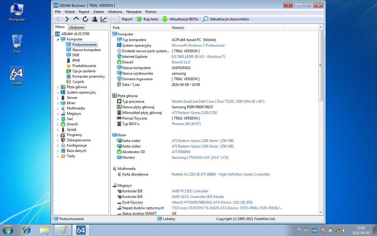 Samsung R 60 Plus,Hdd250gb,Core2 Duo T5250,Ram2gb,Gwarancja