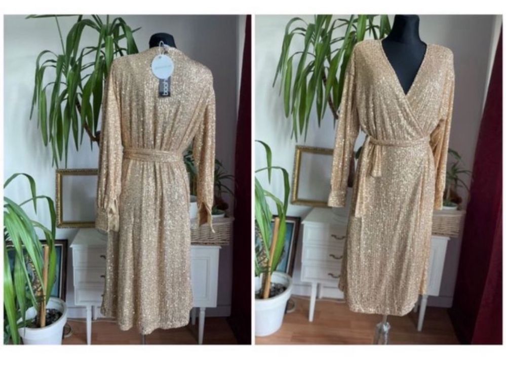 Boohoo kopertowa cekinowa sukienka midi 40 L 42 xl 44 xxl